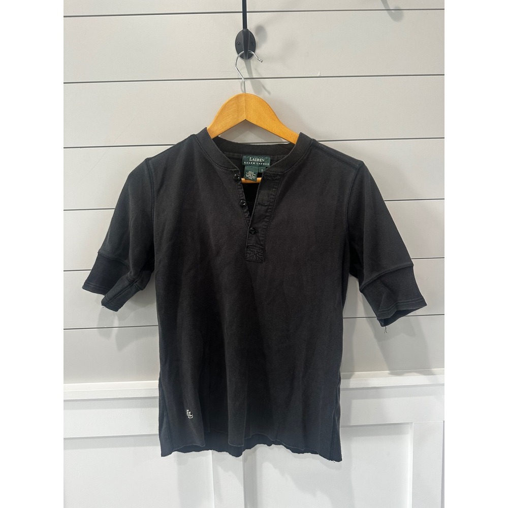 Lauren Ralph Lauren Black Short Sleeve Henley Top Raw Hem Small